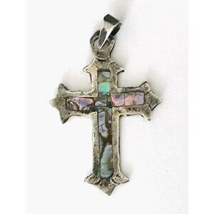 Vintage Mexico Sterling Silver Abalone Inlay Cross Pendant Christian Jewelry